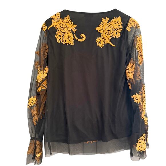 Sundance Black Mesh Blouse XS Burnt Orange Embroidered Floral Sheer Sleeve - Picture 3 of 9